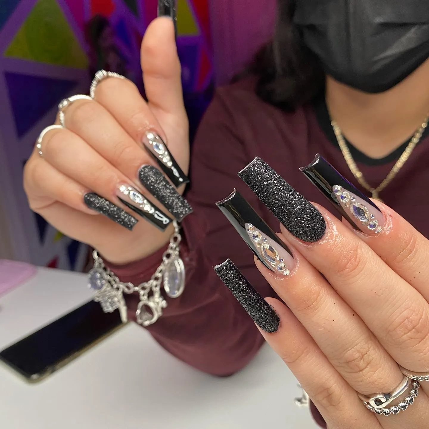 Black Coffin Glitter Nails