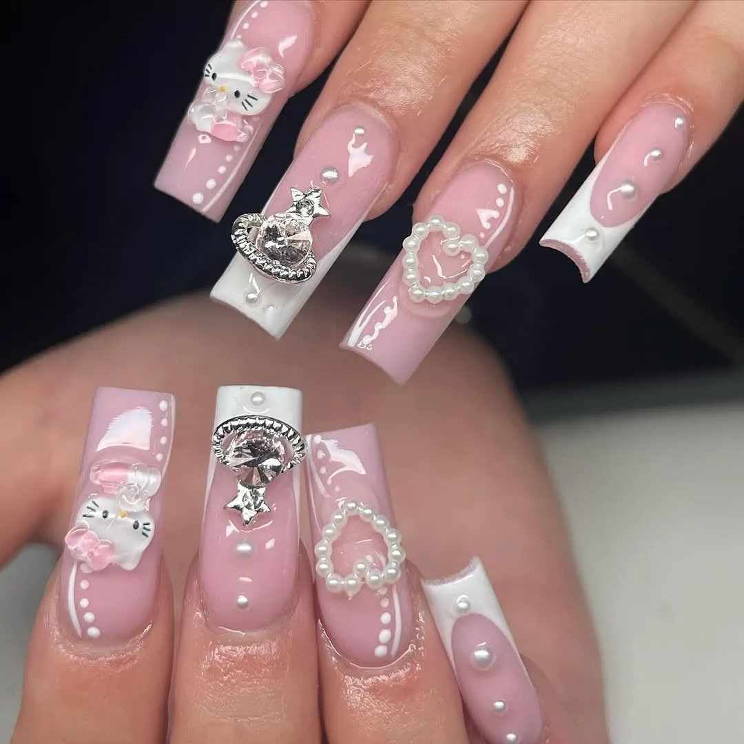 Pink Glitter Nails with Rhinestone Accents