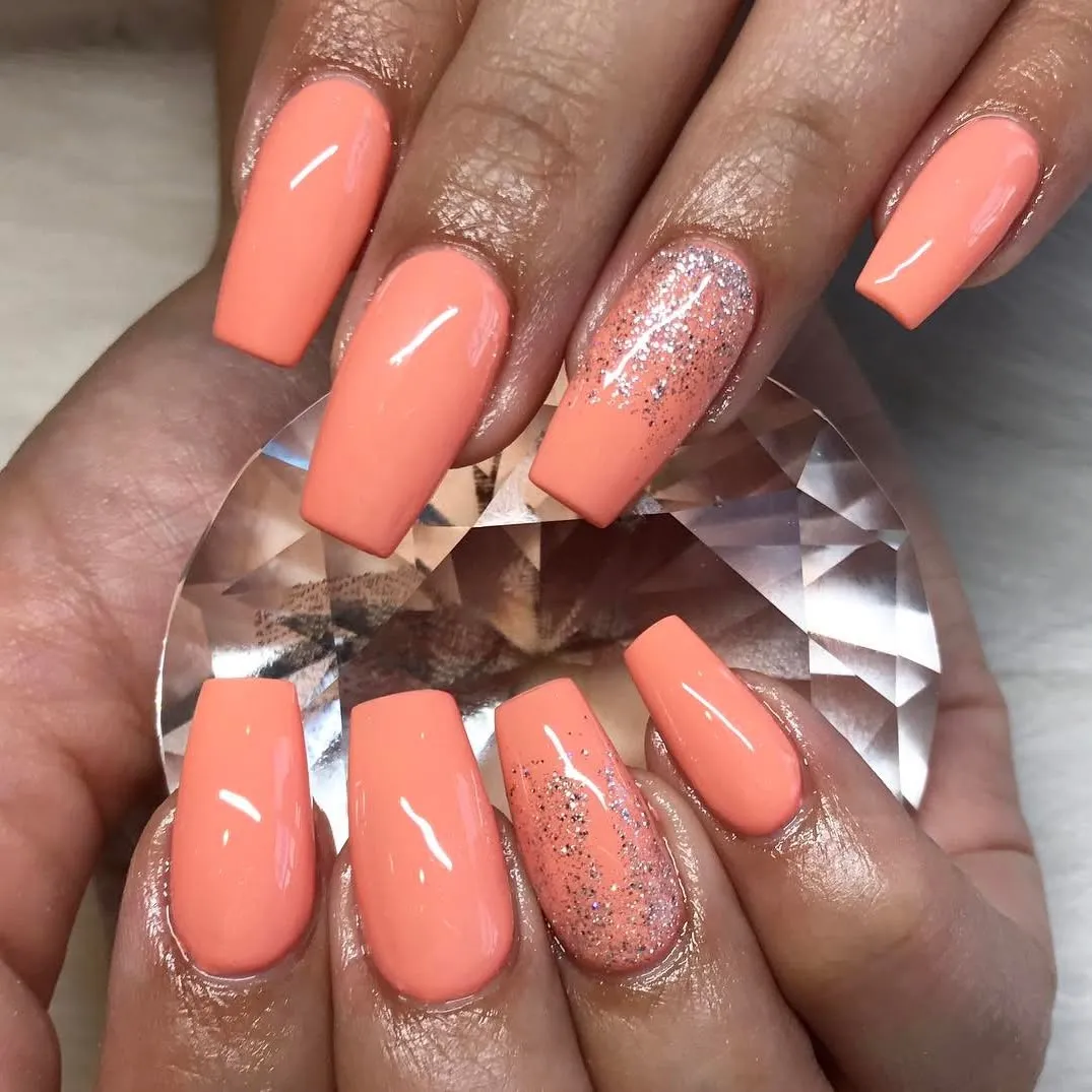 Orange Coffin Glitter Nails