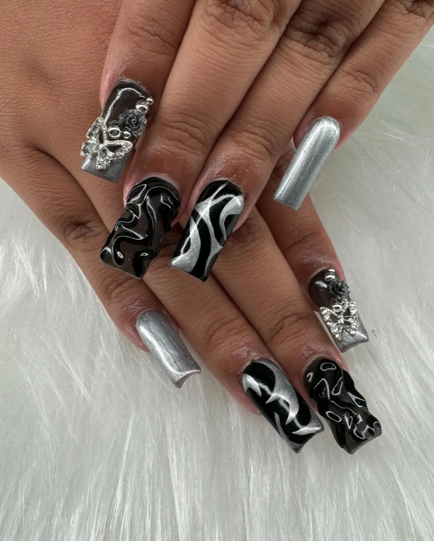 Black Nails with Chrome and Rhinestones