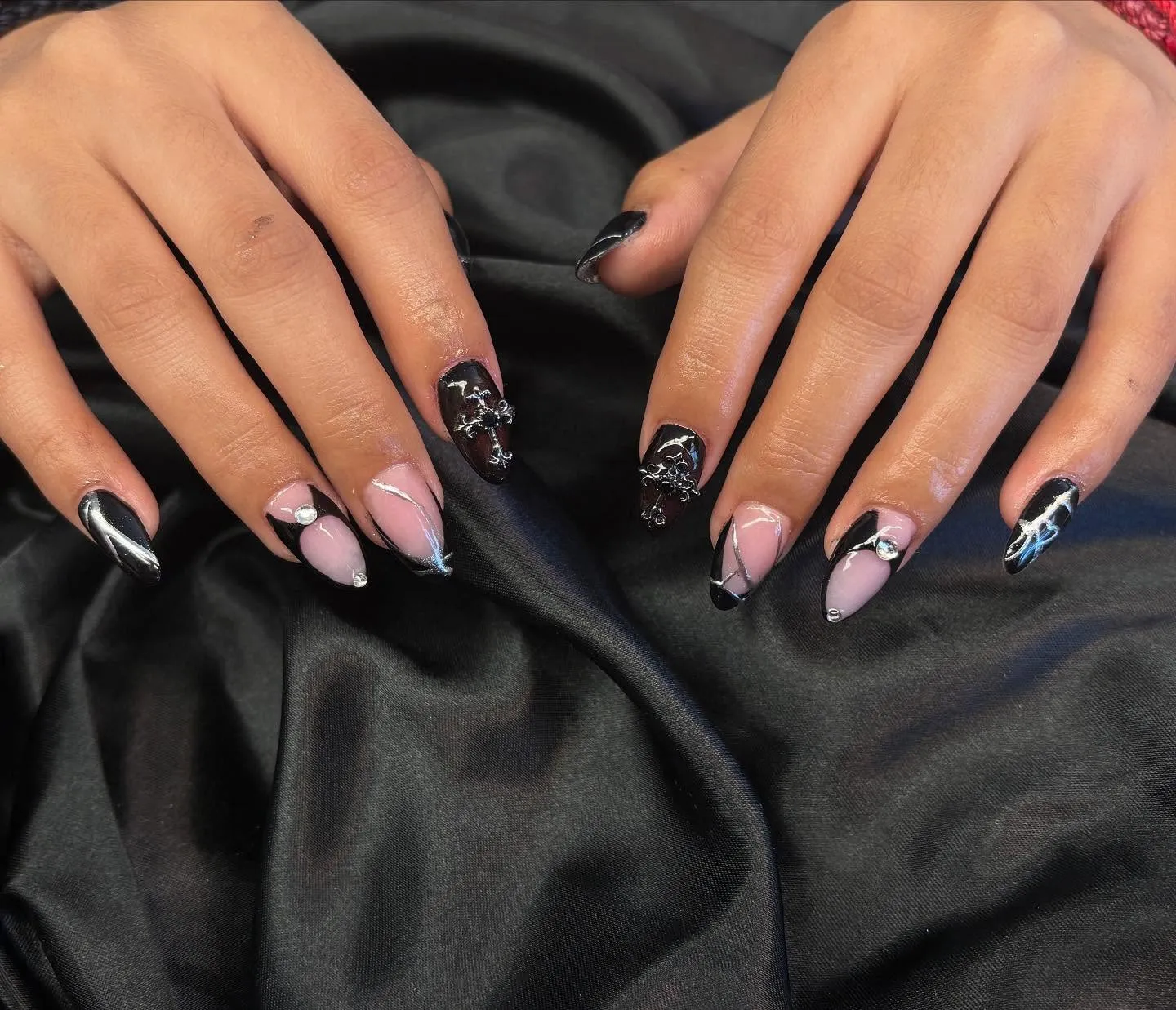 Pink Nails with Black Gothic Designs