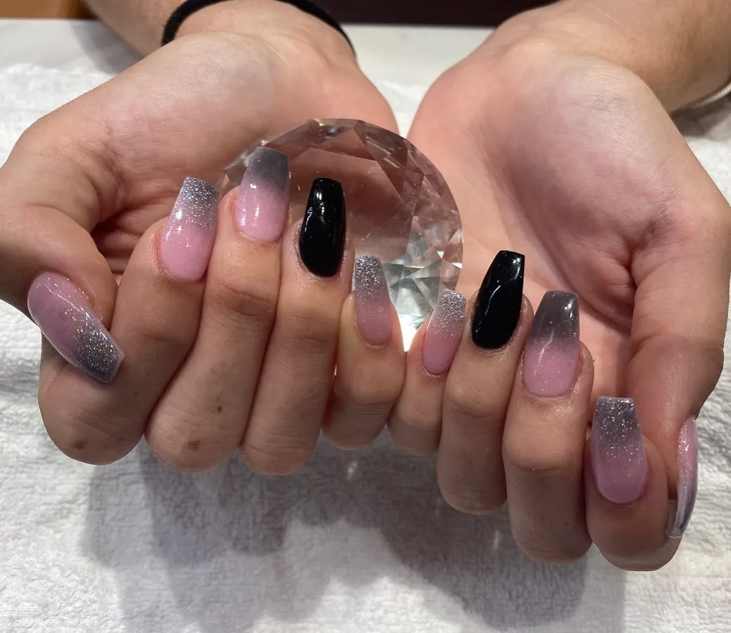 Pink and Black Coffin Nails with Sparkle