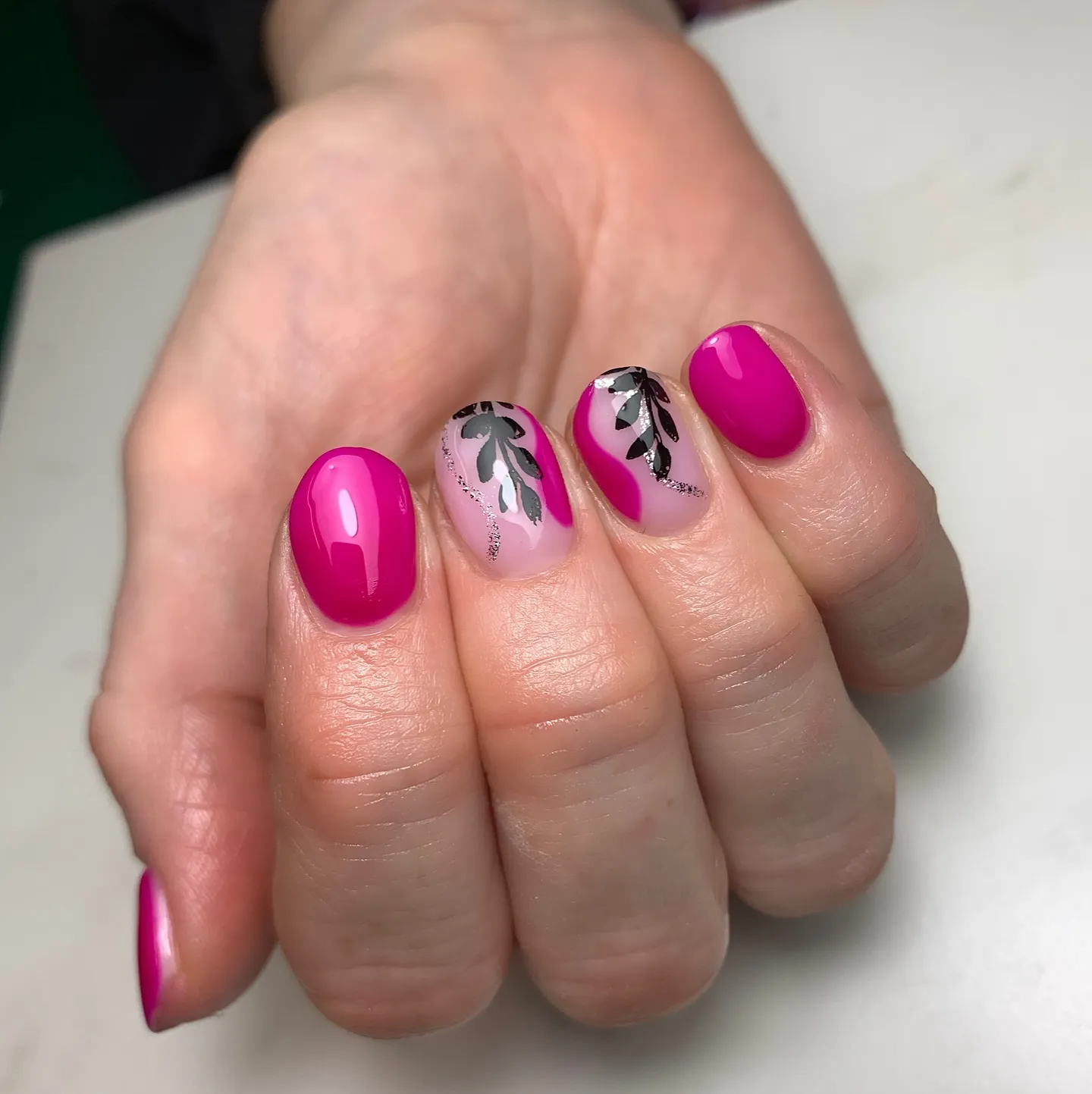 Pink Nails with Black Abstract Swirls