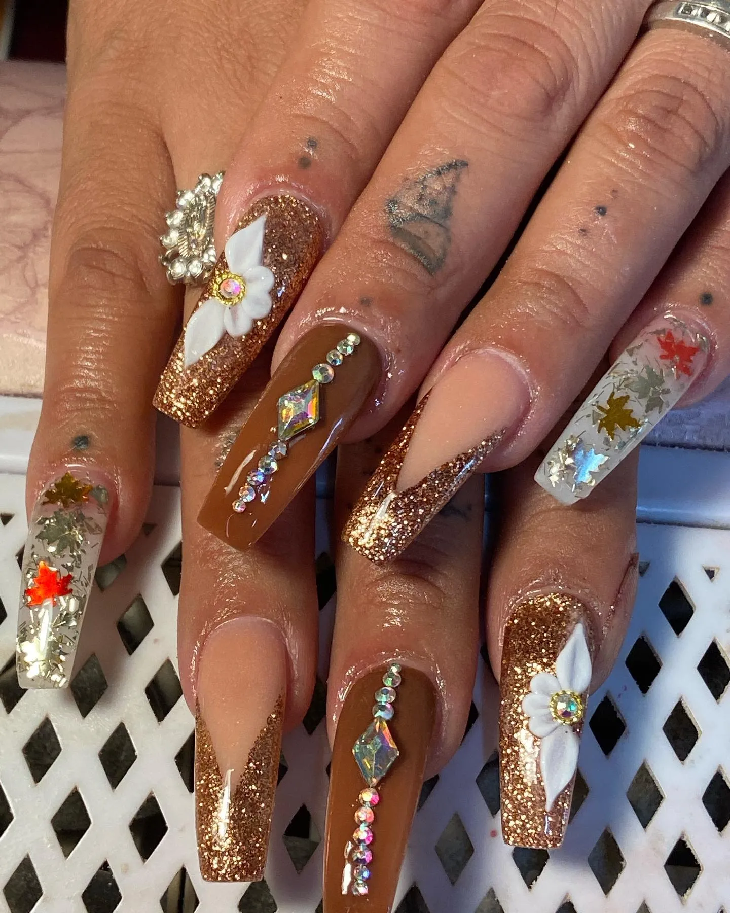Brown Coffin Glitter Nails