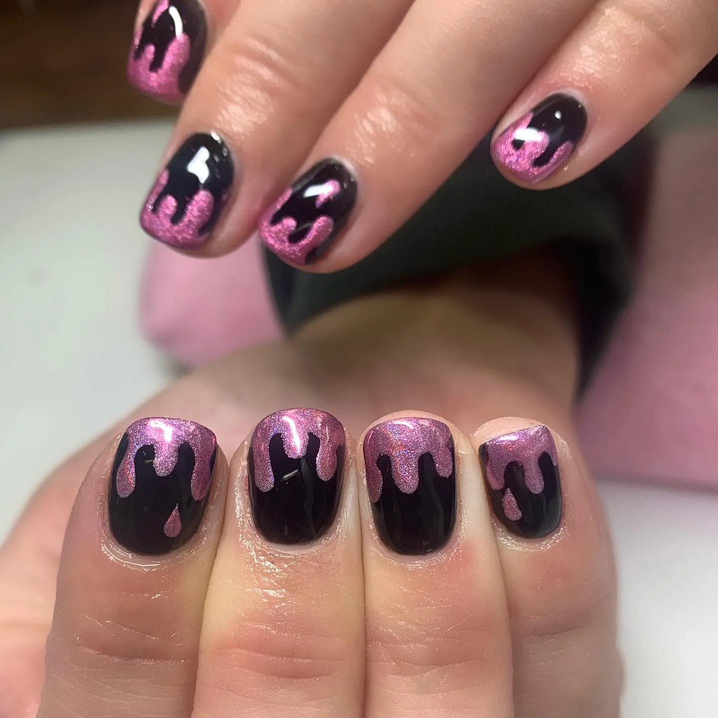 Pink Nails with Black Drip Art
