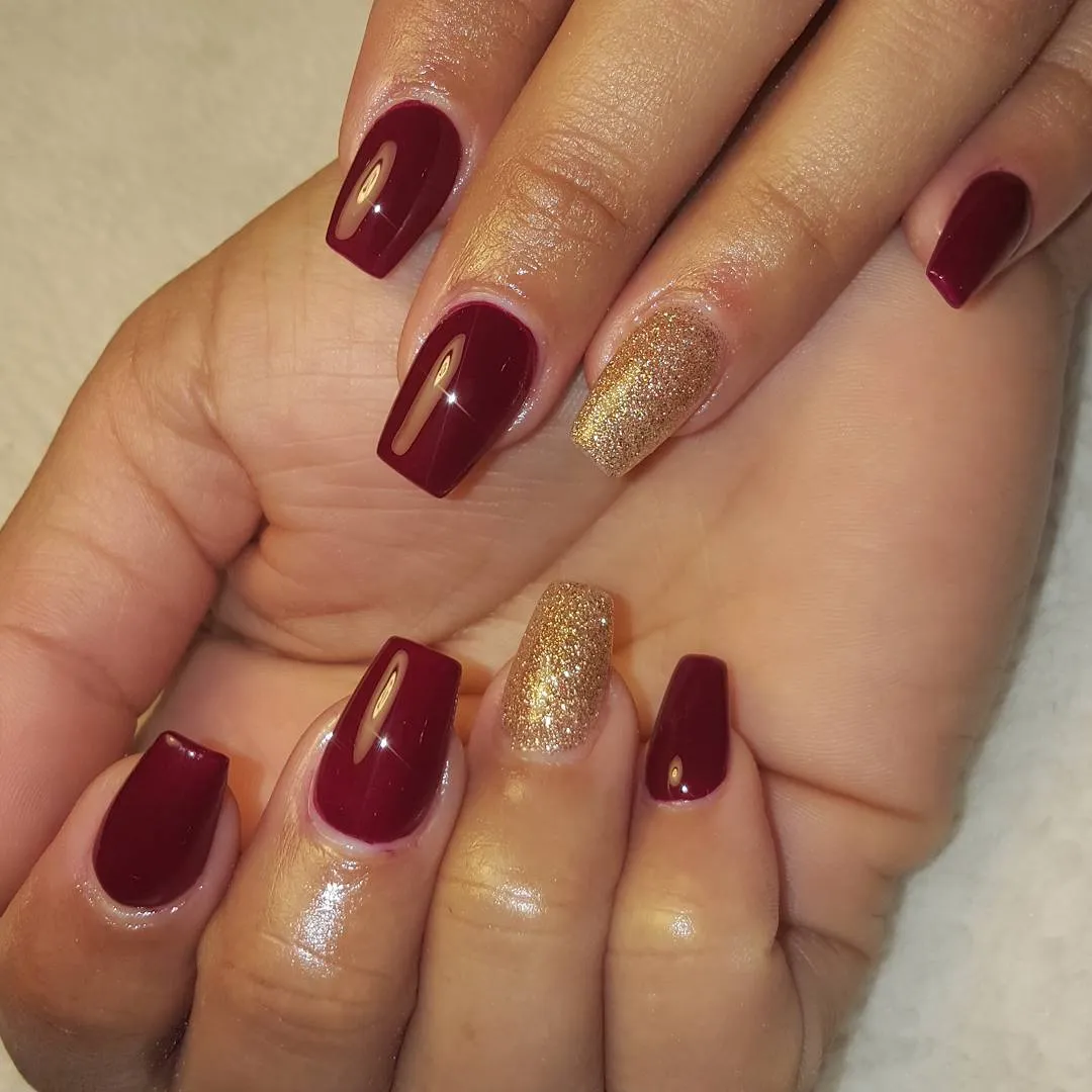 Burgundy Coffin Glitter Nails