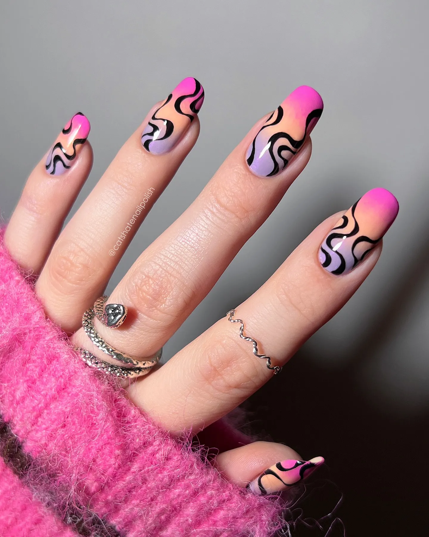 Pink Gradient Nails with Black Glitter Overlay