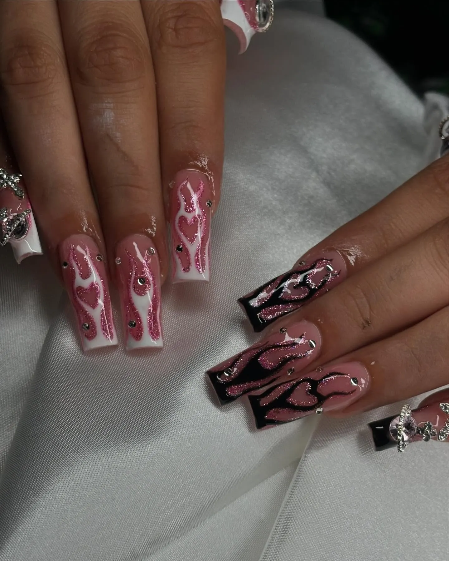 Glitter Coffin Nails with Flames Design