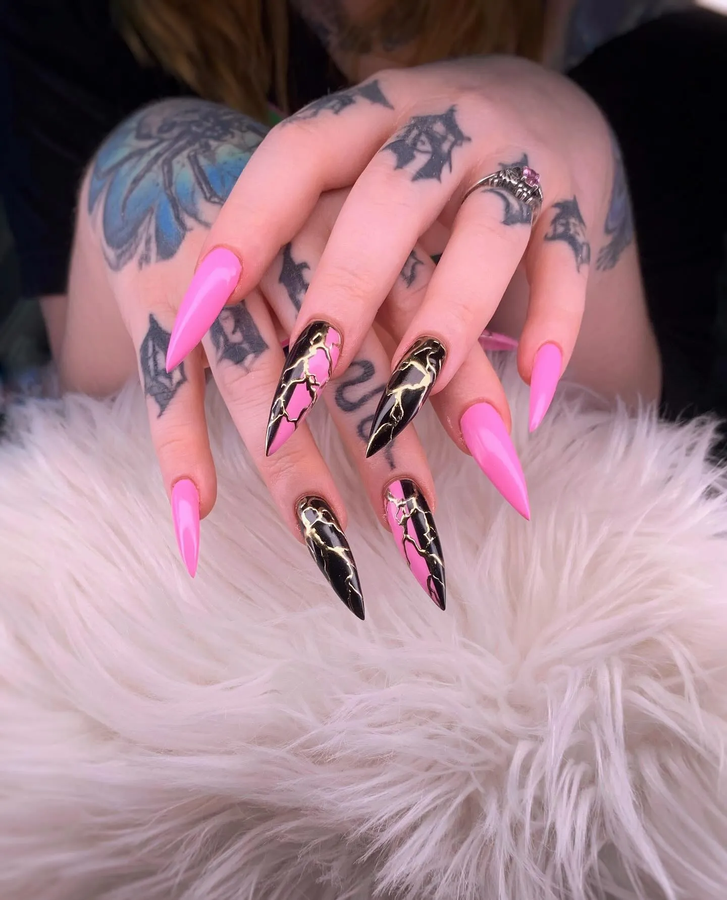 Pink Metallic Nails with Black Accents