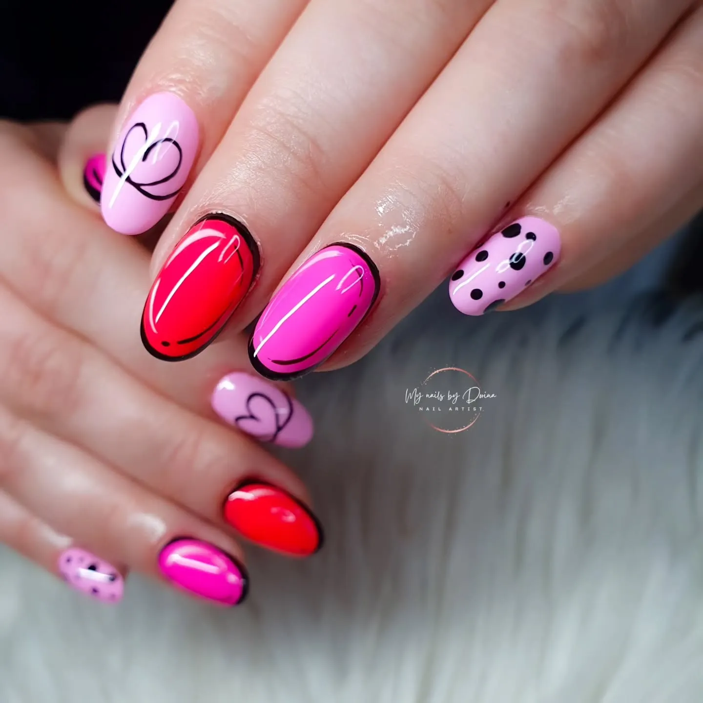 Pink Nails with Black Cartoon Art