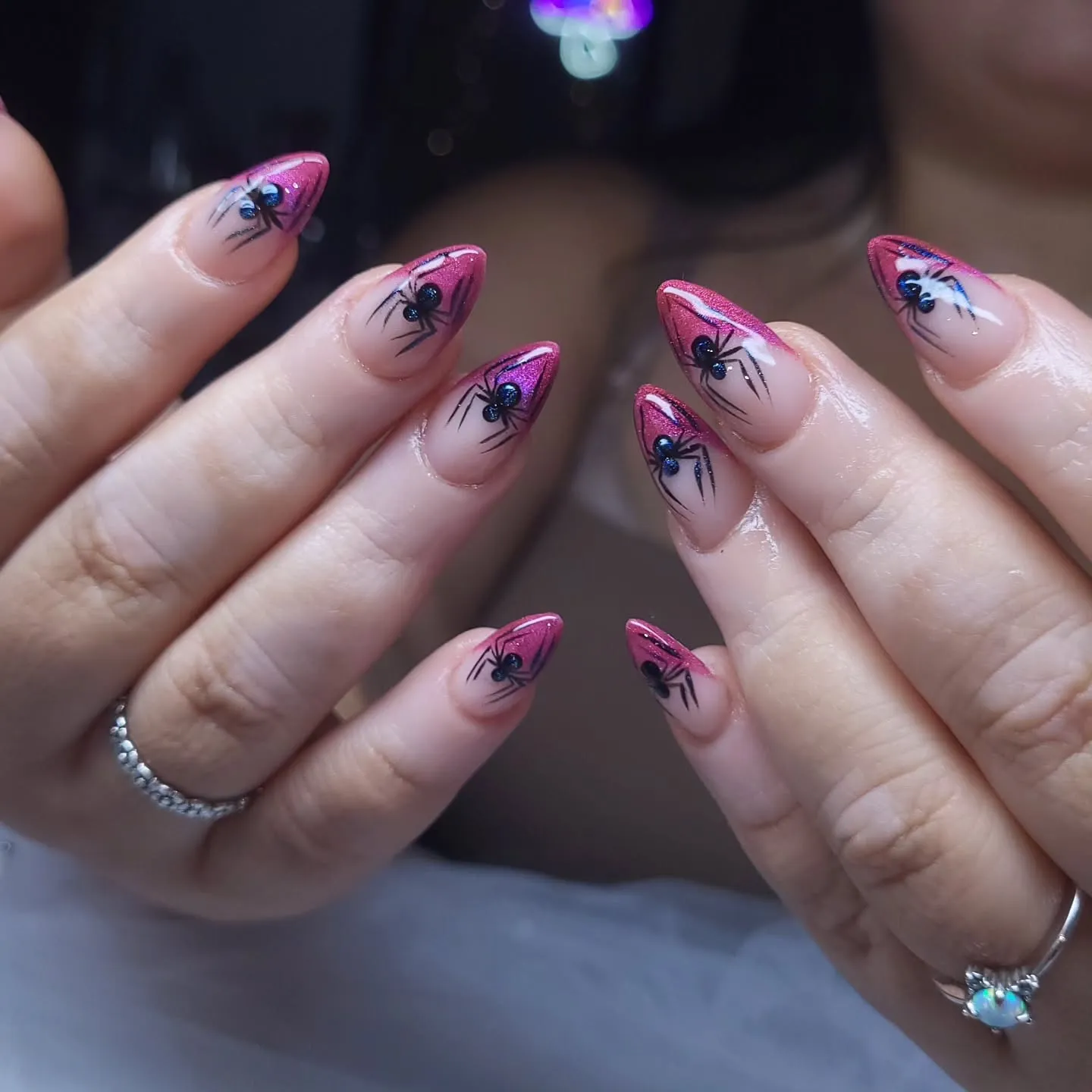 Pumpkin and Spider Web Pink Nails