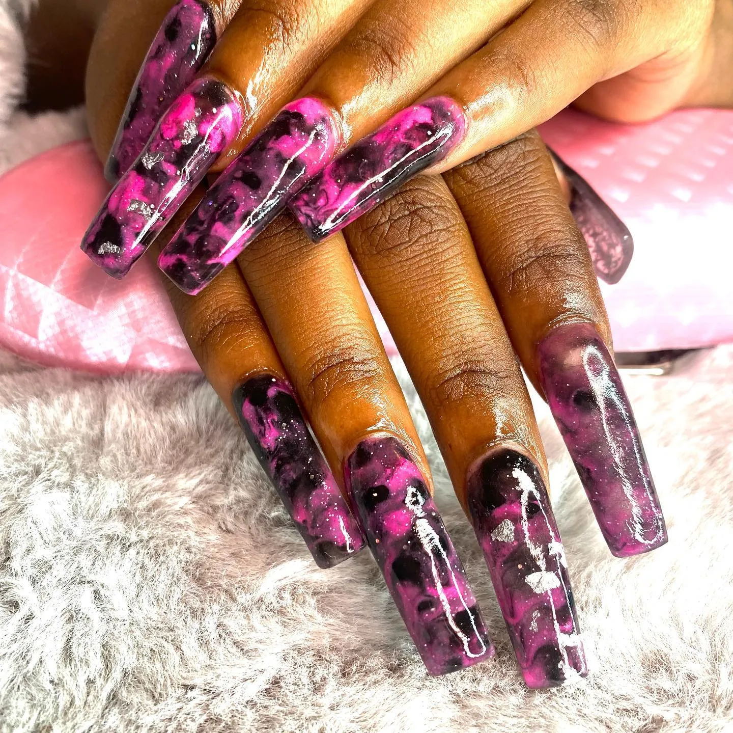 Pink and Black Marble Effect Nails