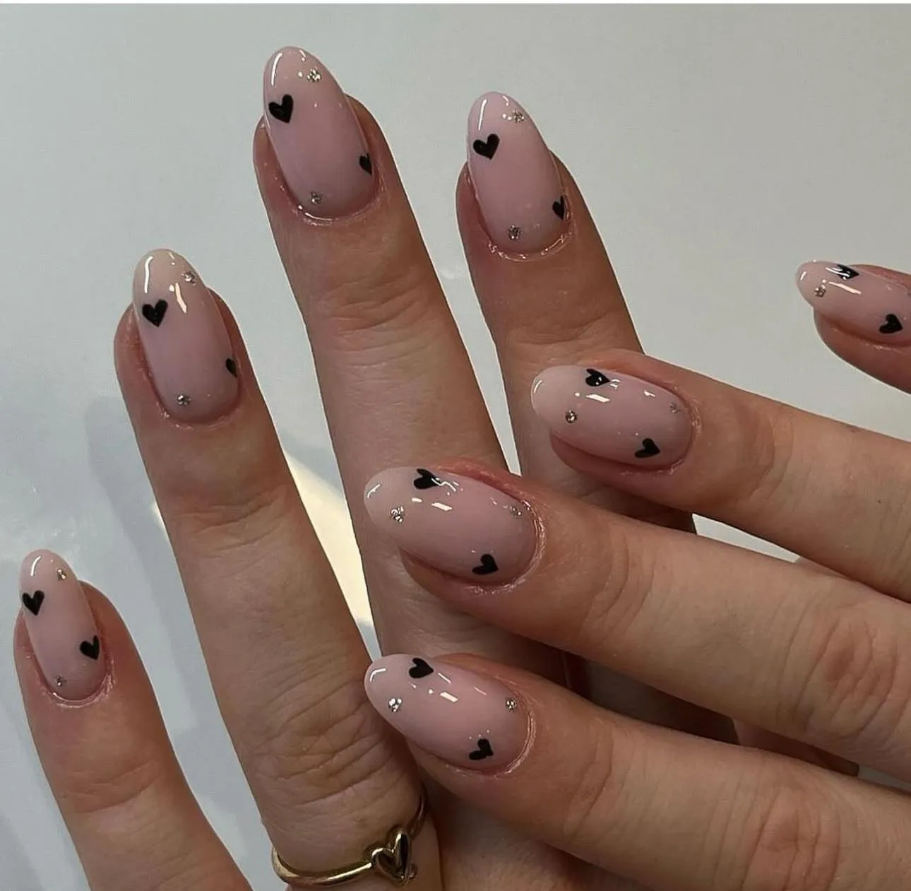 Pink Nails with Black Hearts