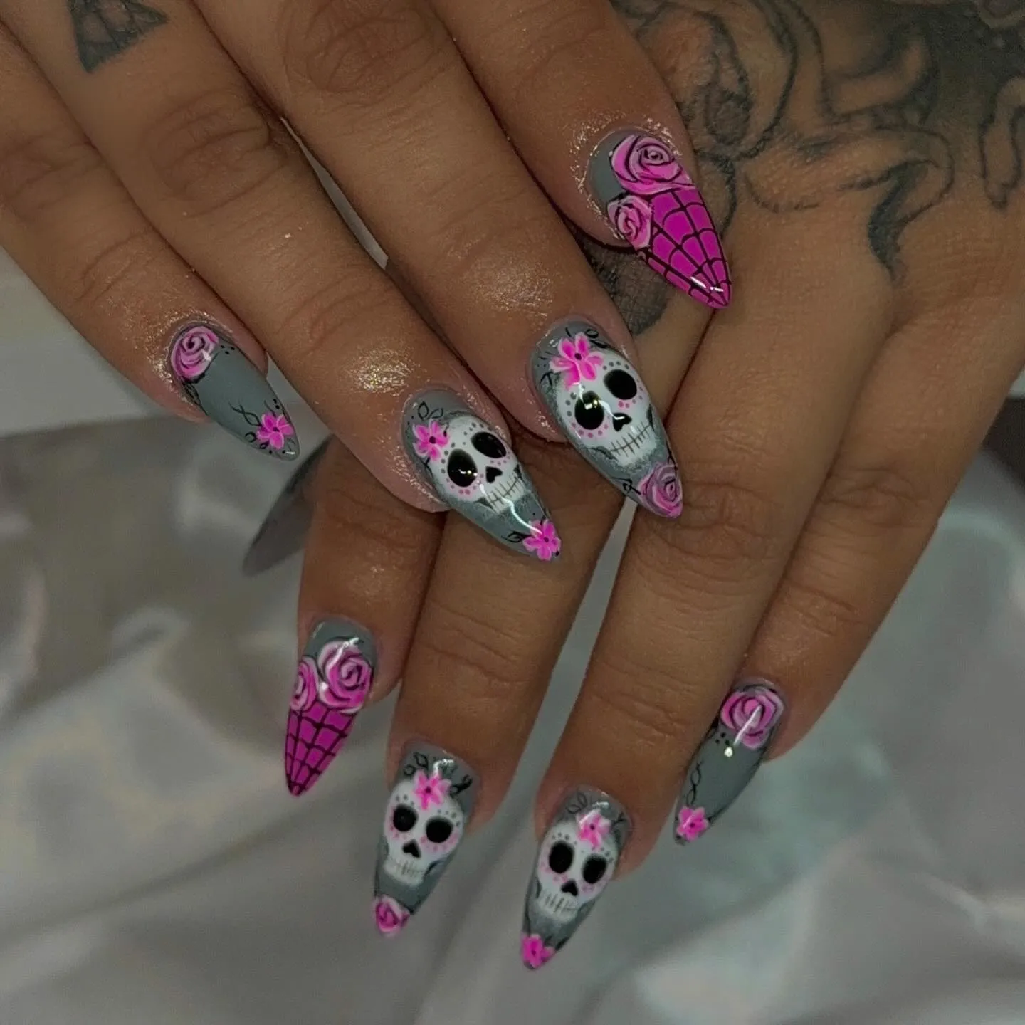 Purple Skeleton Floral Nails