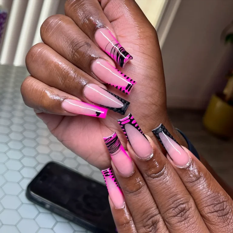 Pink Coffin Nails with Black Tips