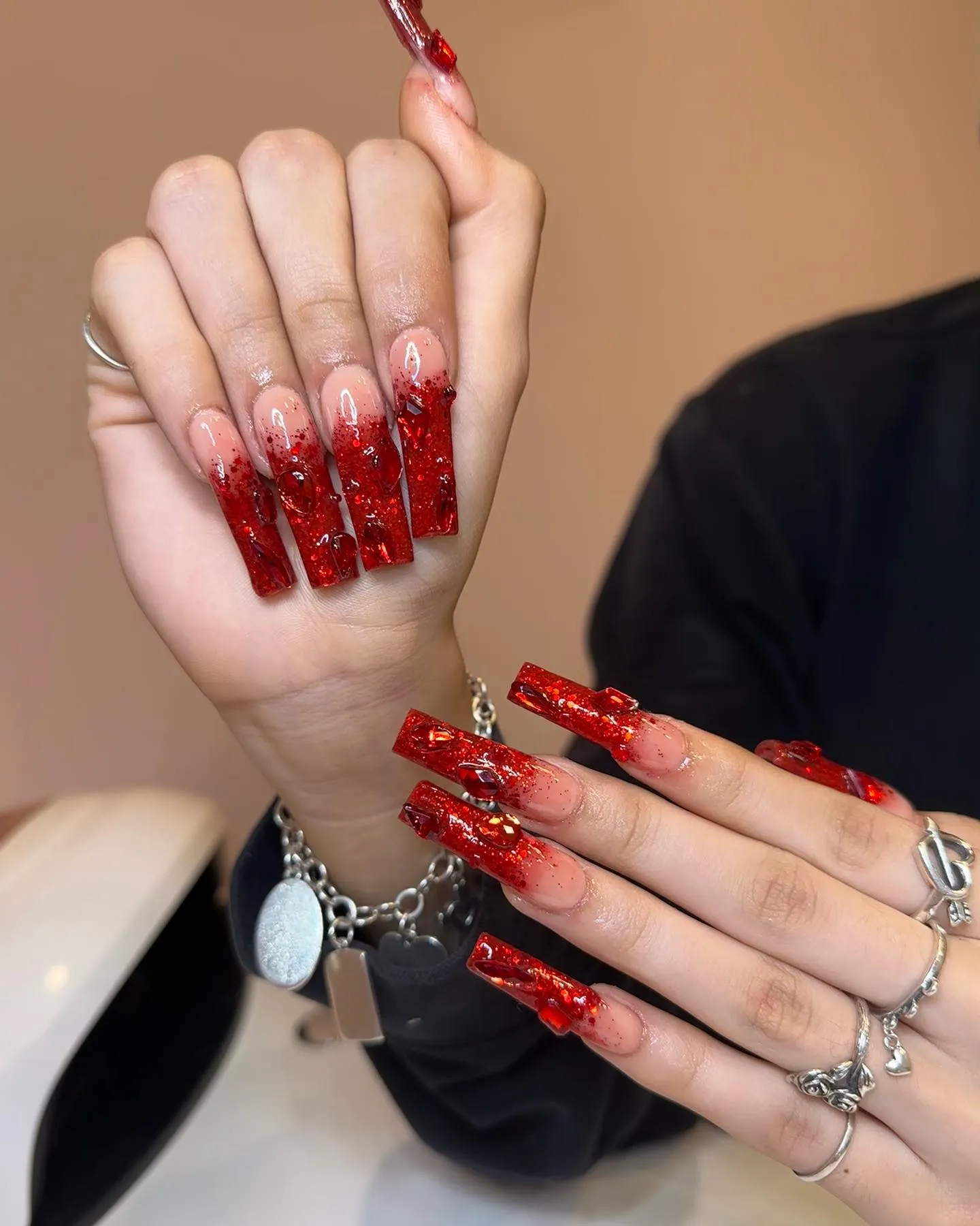 Long Coffin Shaped Red Glitter Nails