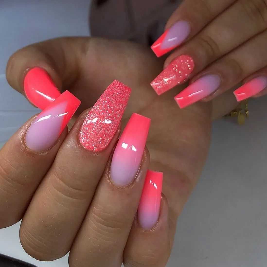 Neon Pink Glitter Manicure