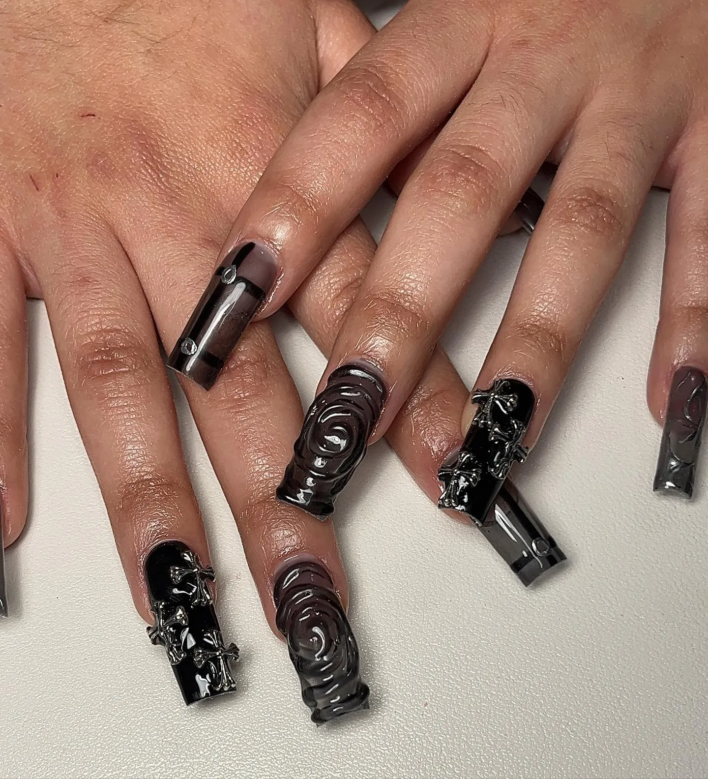 Black Nails with 3D Jewels