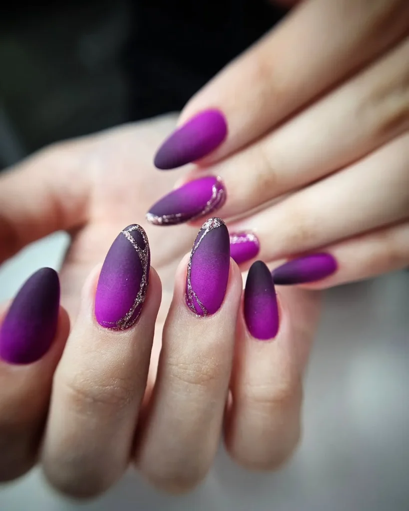 black and purple ombre witchy almond nails