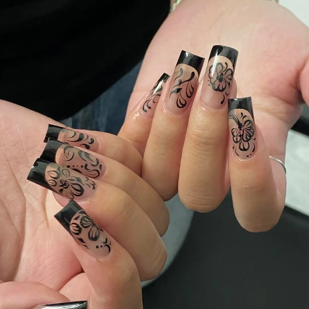 Black Floral Acrylic Nails