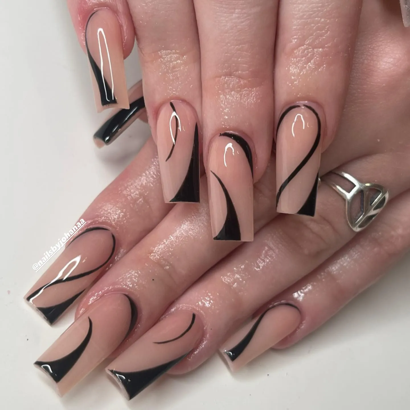 Black Nails with Abstract Lines