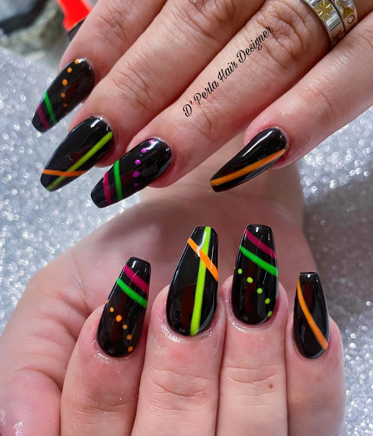 Black Nails with Neon Outlines