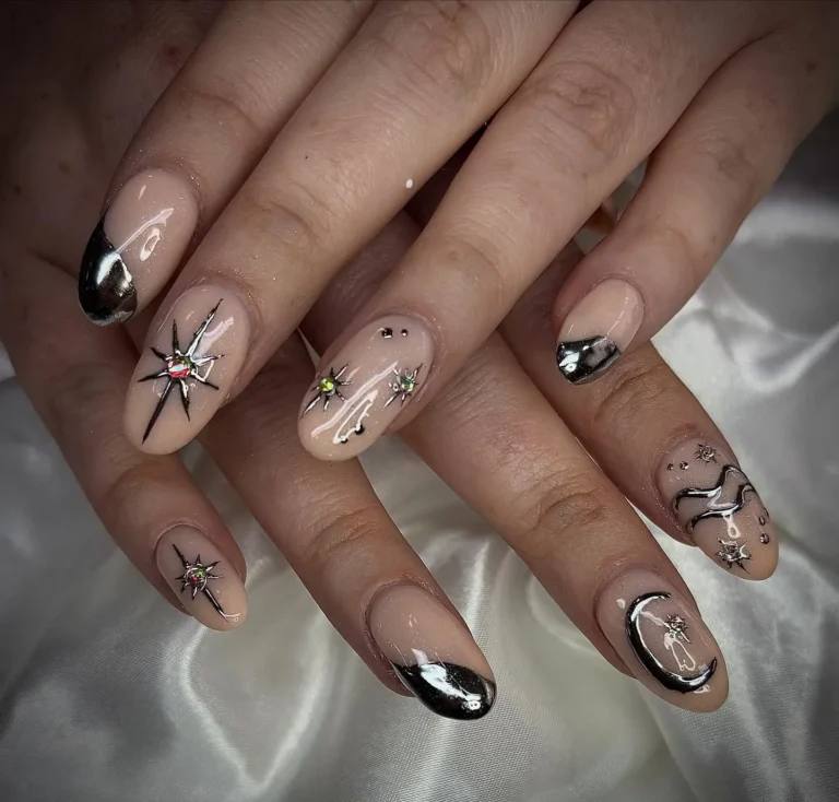 Black Almond Nails with Glitter Highlights