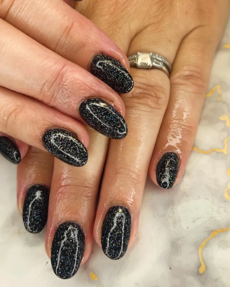 Black Nails with Holographic Glitter