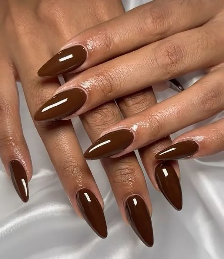 Glossy chocolate brown almond nails