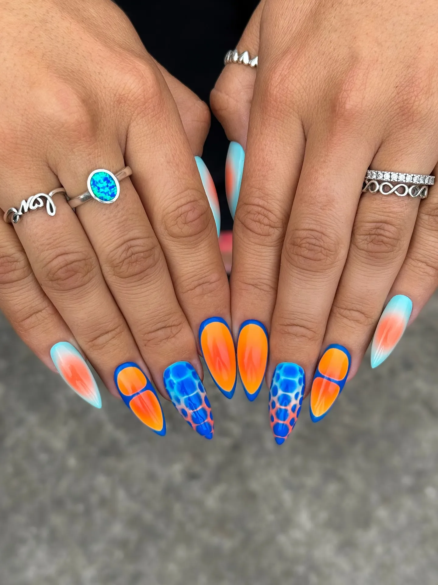Blue and Orange Stiletto Art Nails