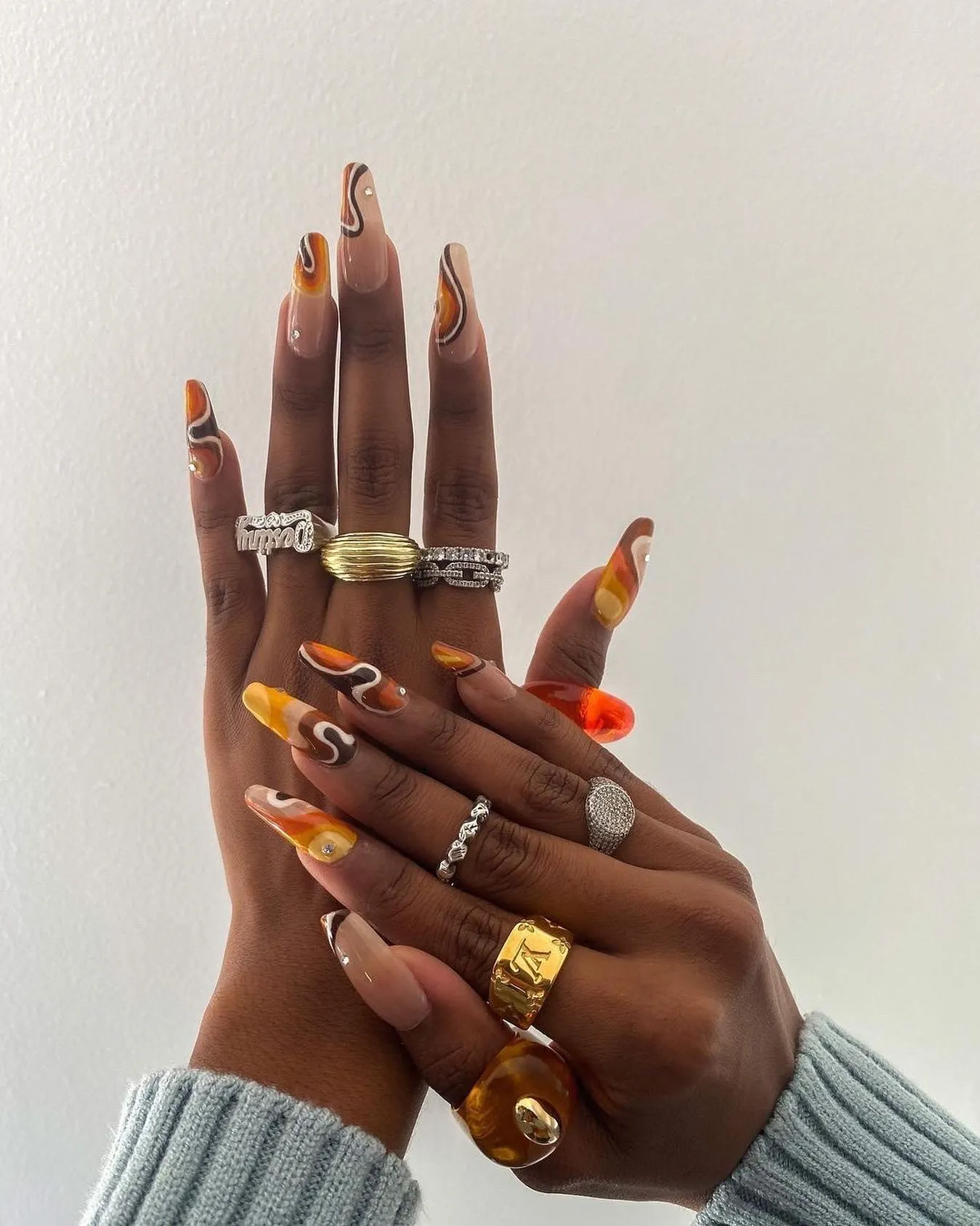 Rust Orange Stiletto with Gold Details Nails