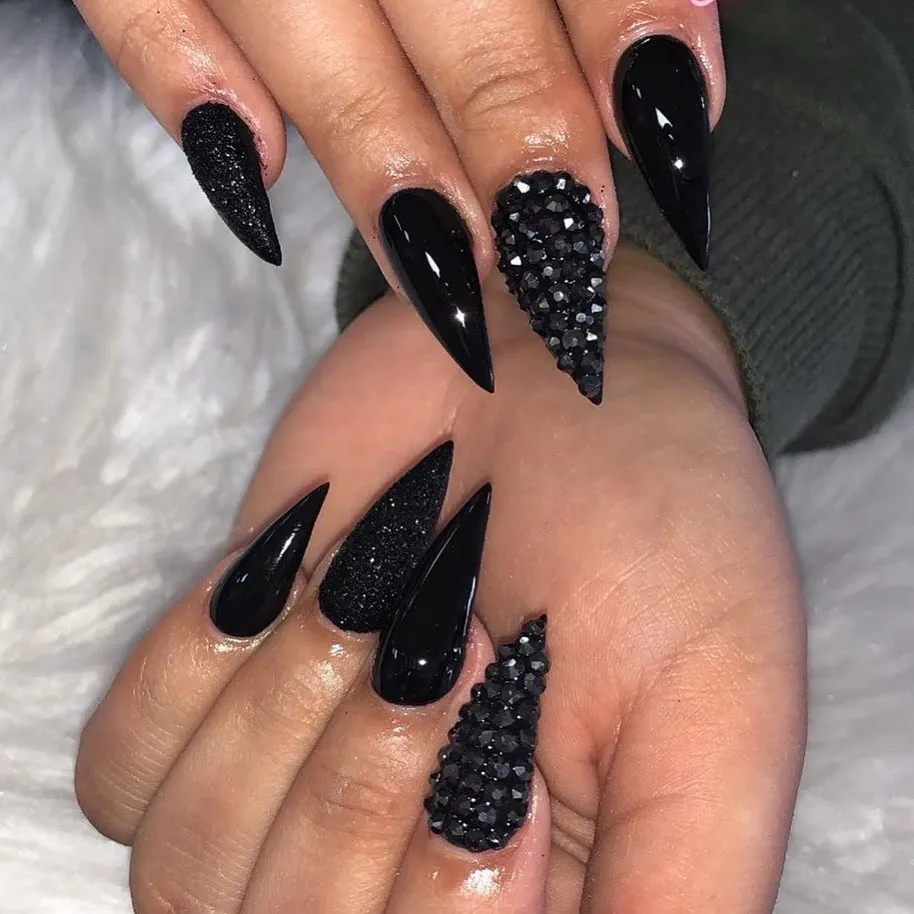 Black Stiletto Nails with Rhinestones