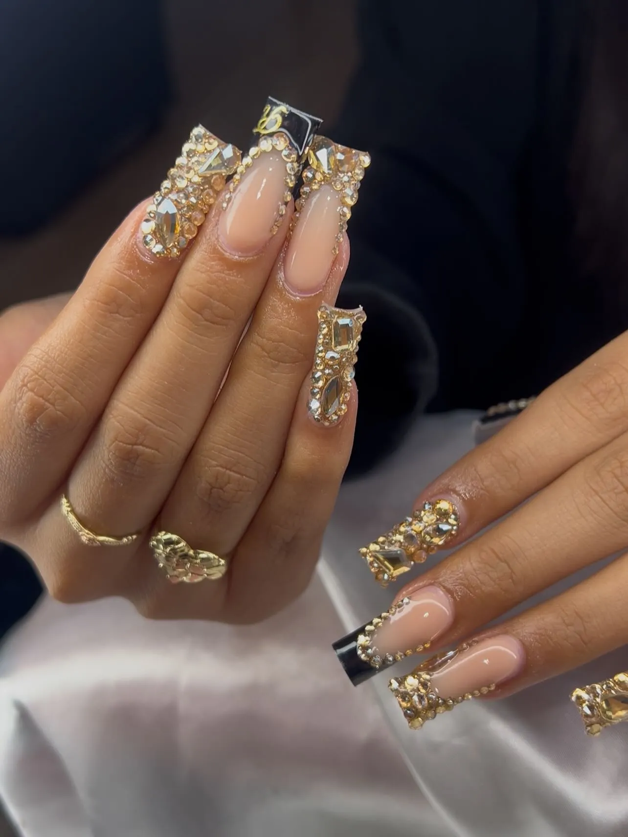 Gold Studs and Rhinestones Nails