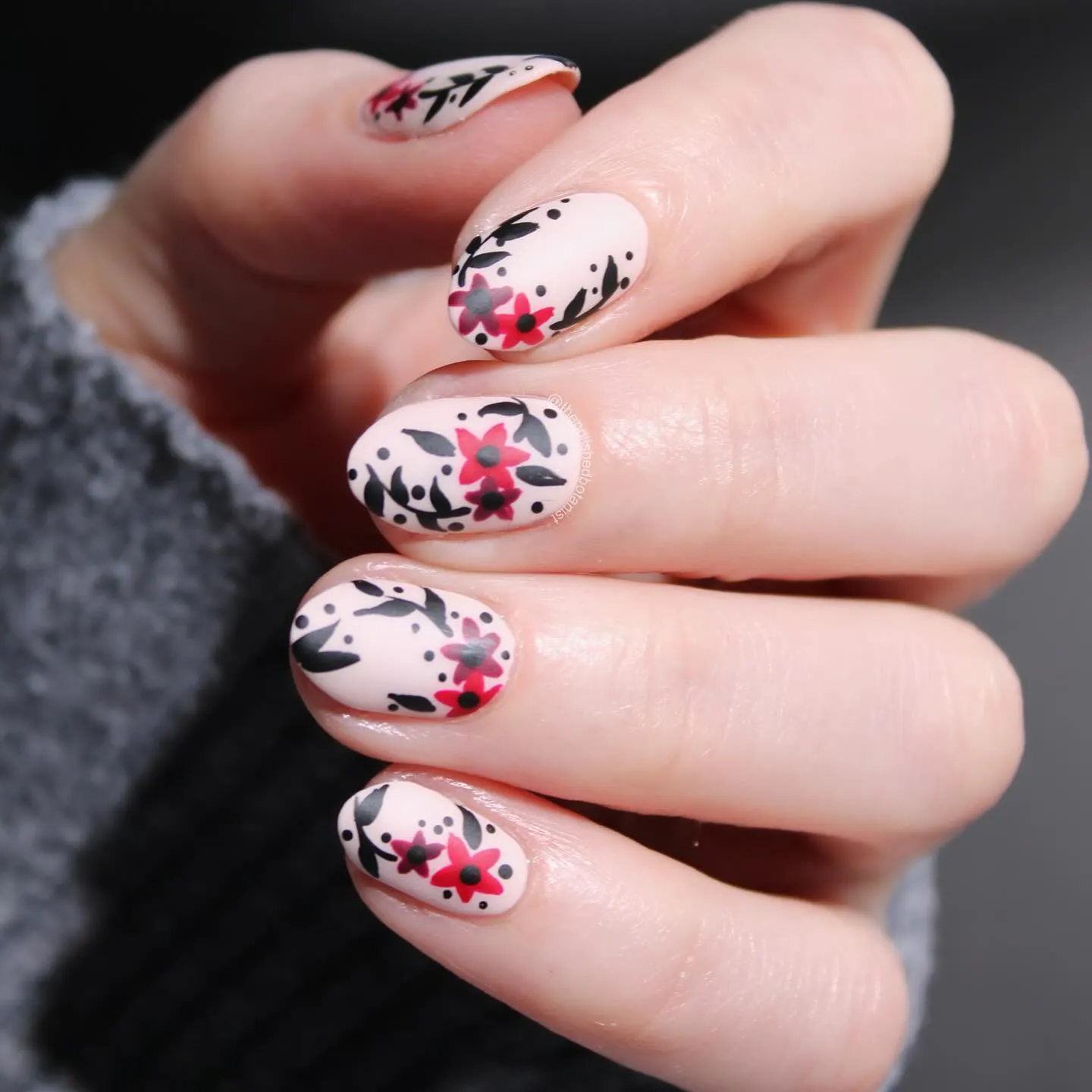 Black And Red Floral Nails