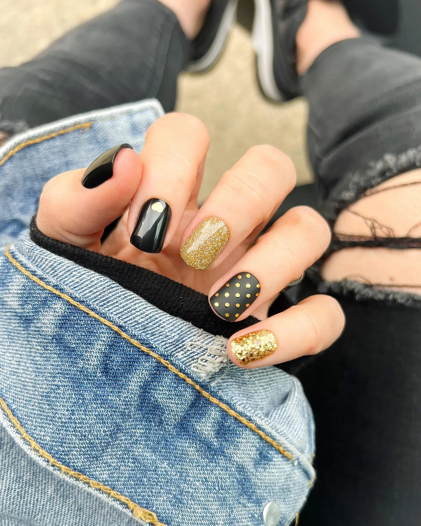 Black Nails with Gold Dots
