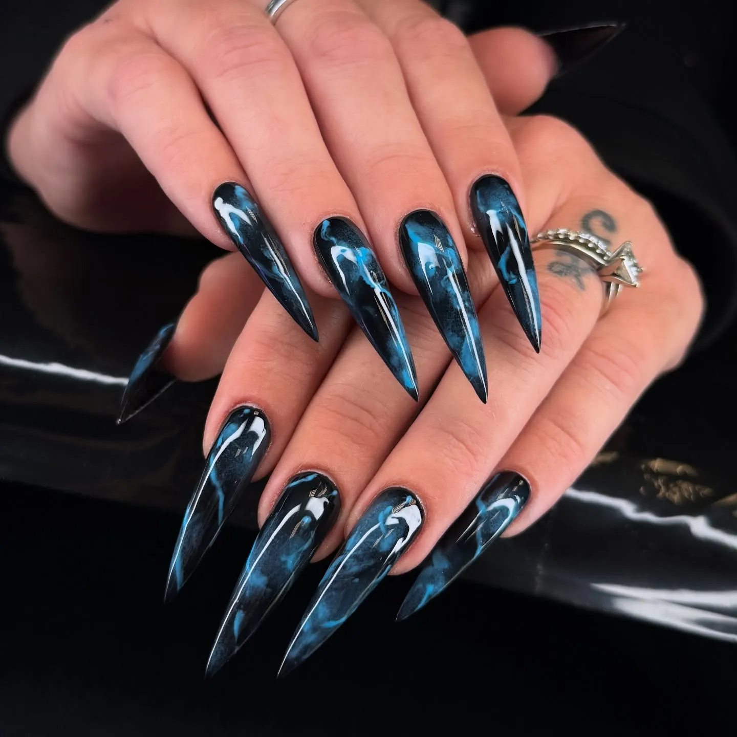 Blue and Black Marble Nails