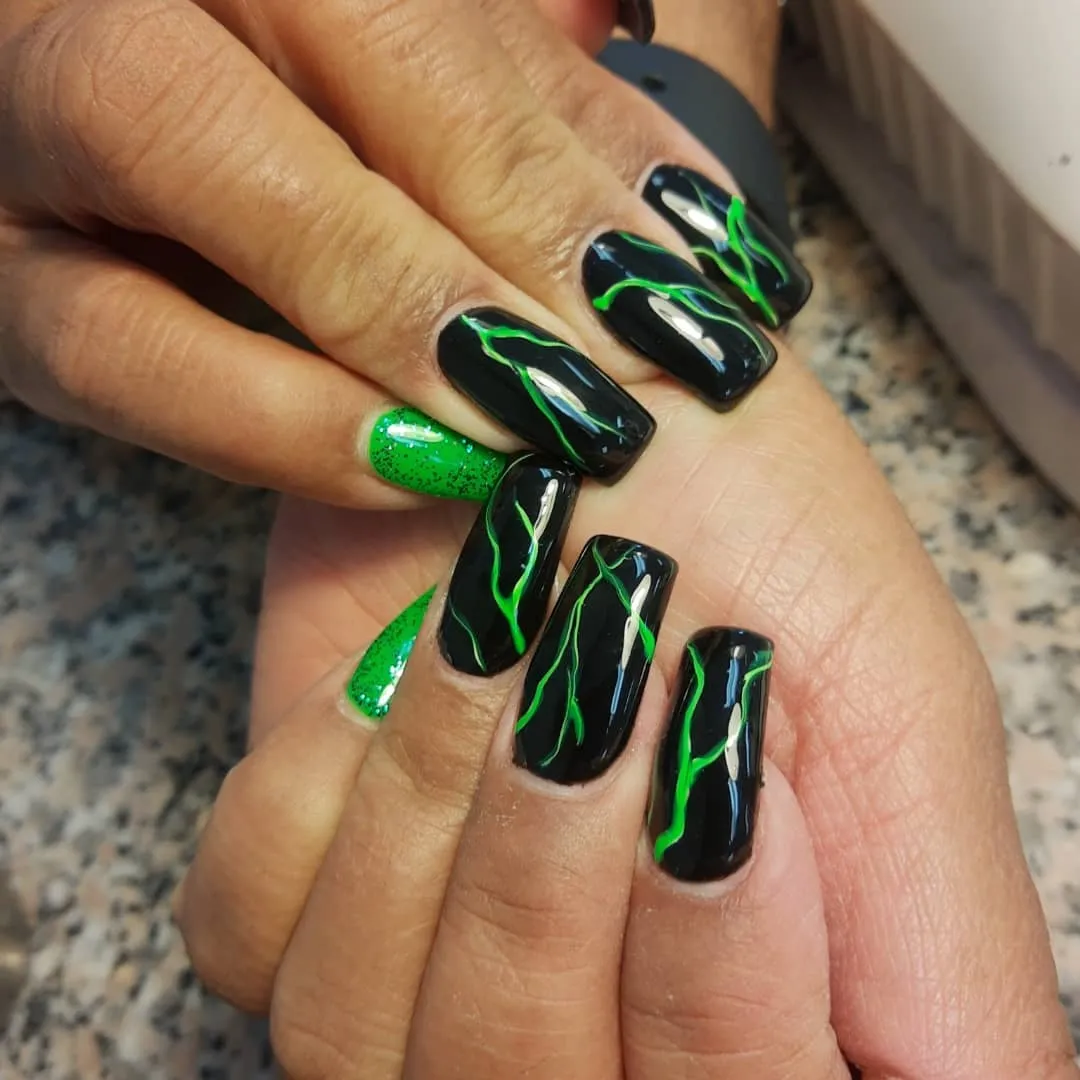Green and Black Marble Nails