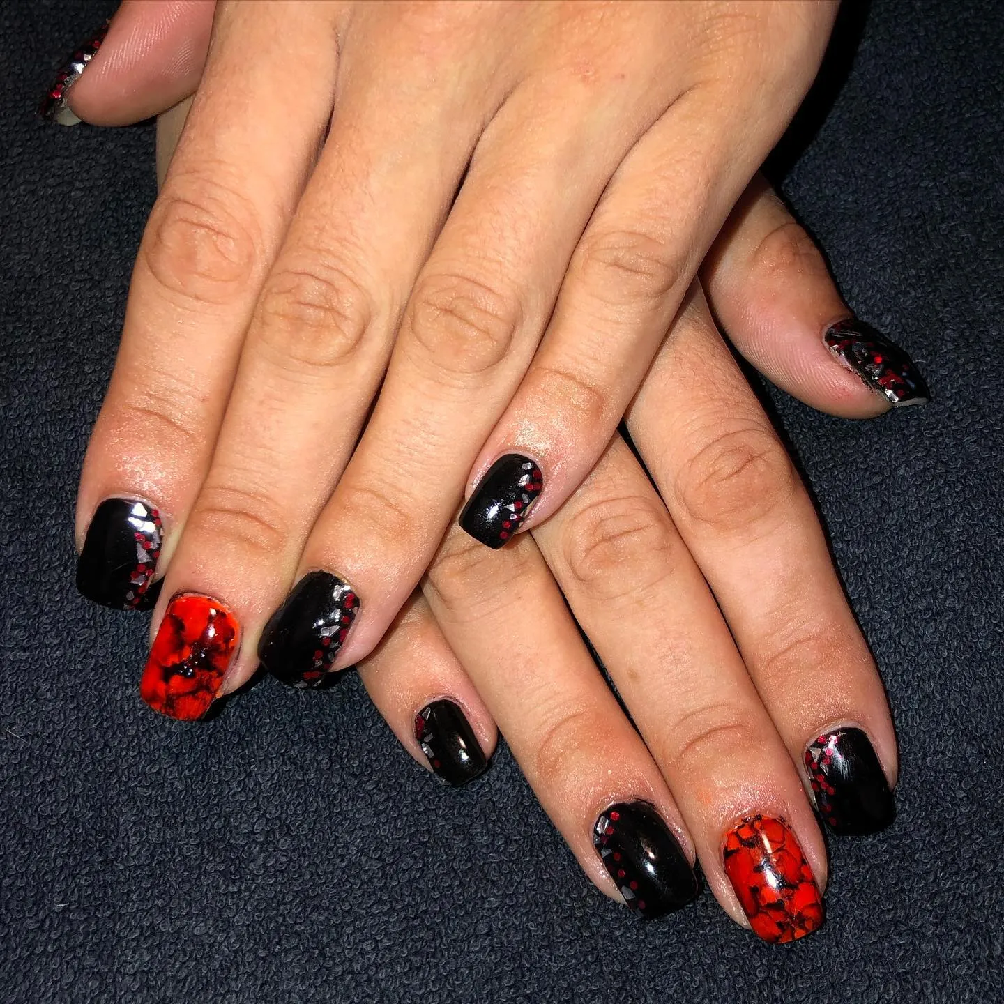 Orange and Black Marble Nails