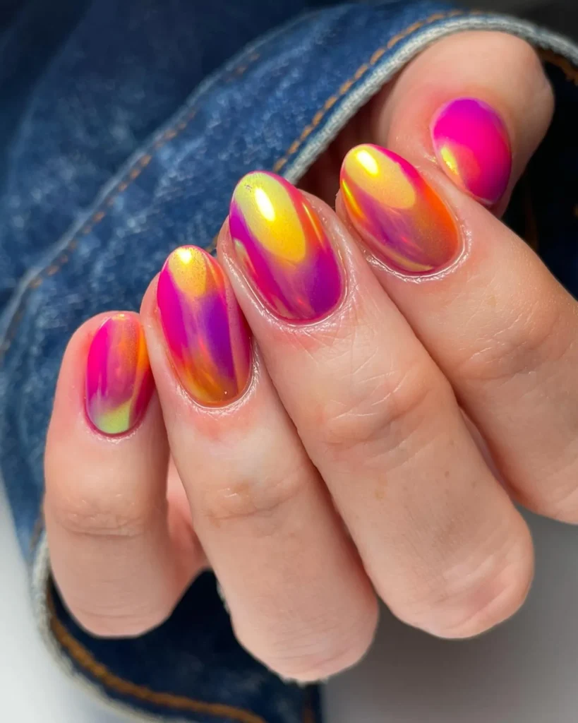 coral and orange sunset fade almond nails