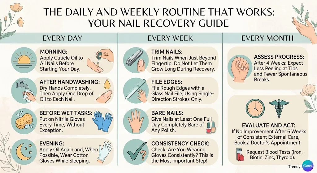 An infographic chart detailing a daily, weekly, and monthly nail care routine to fix breaking and peeling nails, featuring step-by-step instructions with illustrations for oiling, trimming, and glove usage.