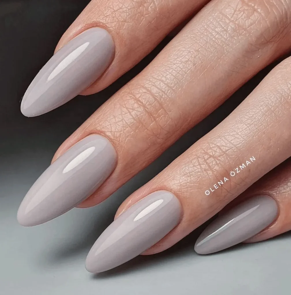light lavender-gray glossy almond nails