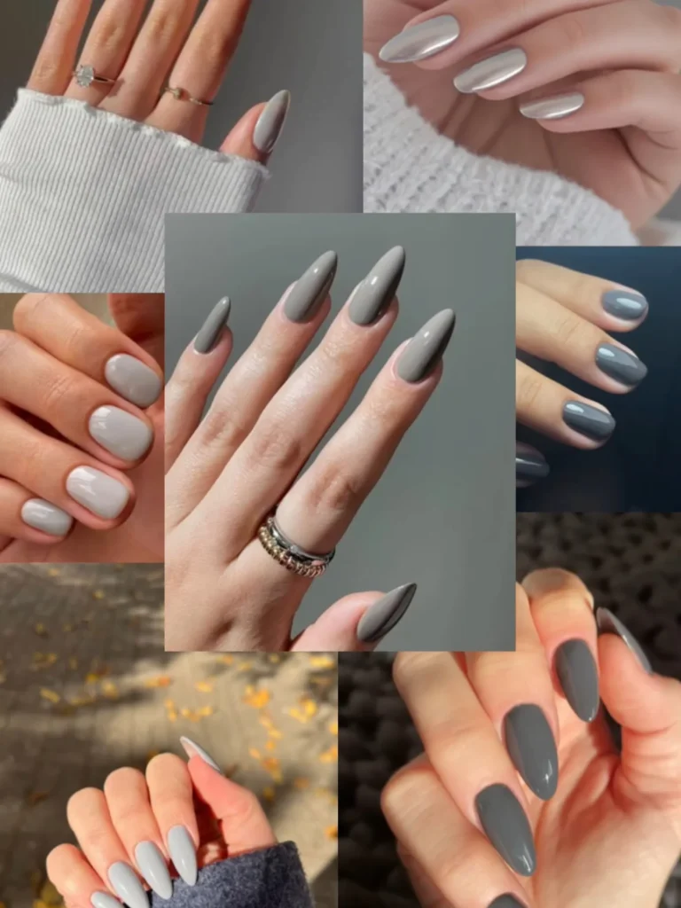 taupe-gray glossy collage almond nails