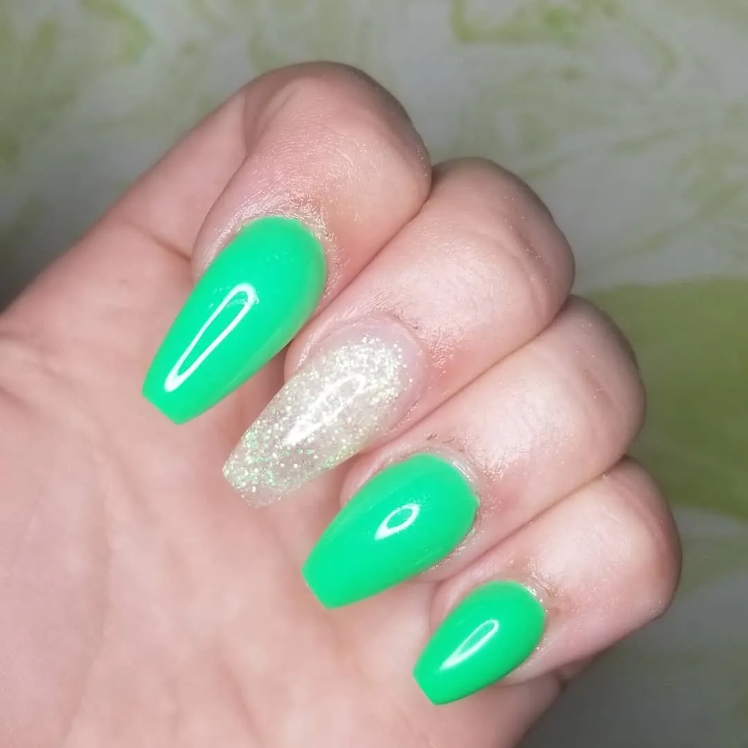 Bright Green Glossy Coffin Nails with Glitter Accent