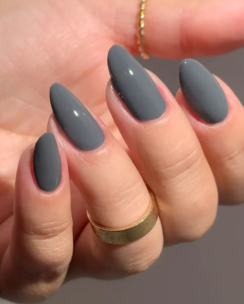 dark charcoal gray glossy almond nails