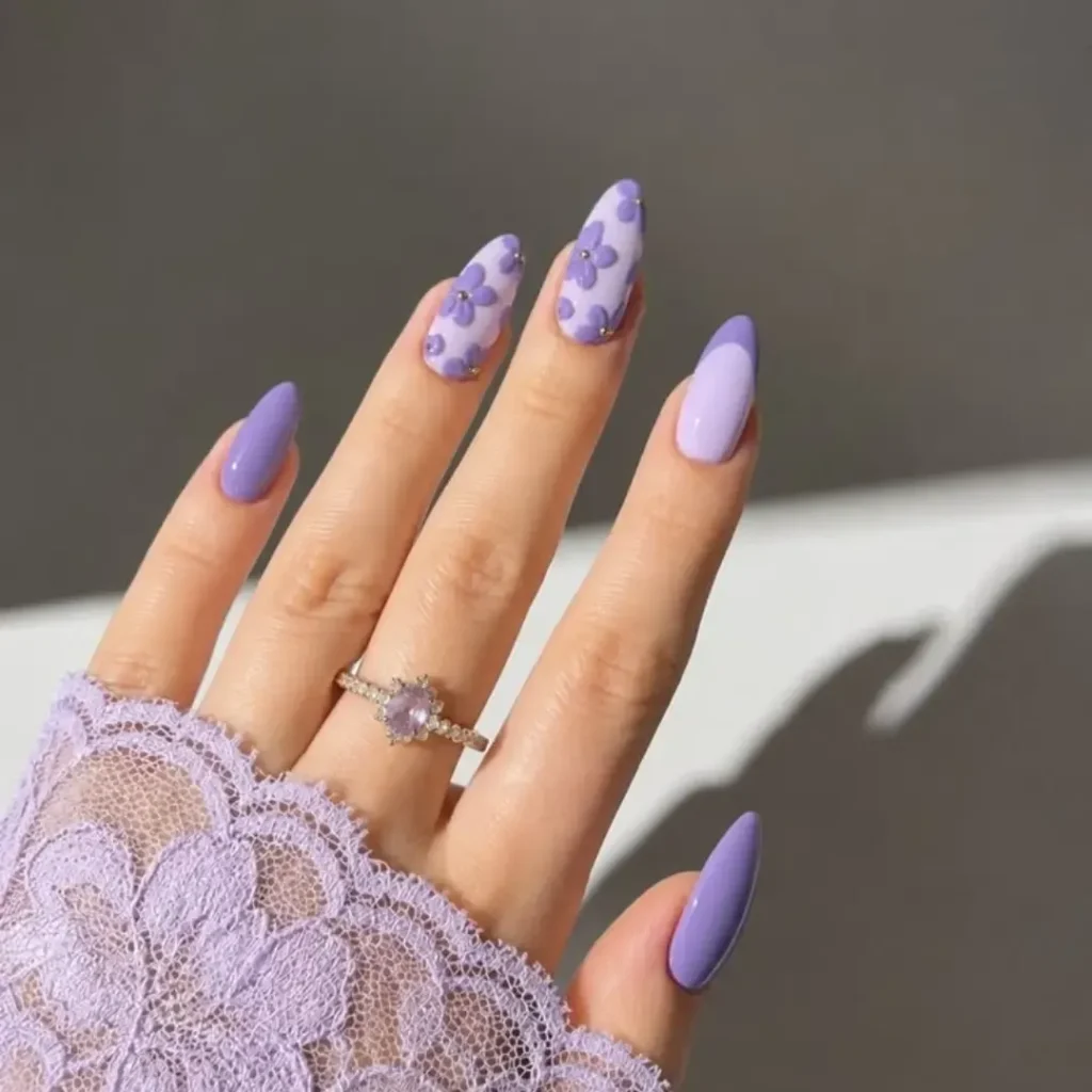 lavender purple daisy floral almond nails