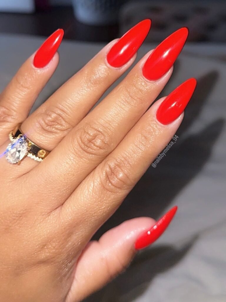 classic solid red glossy long almond nails