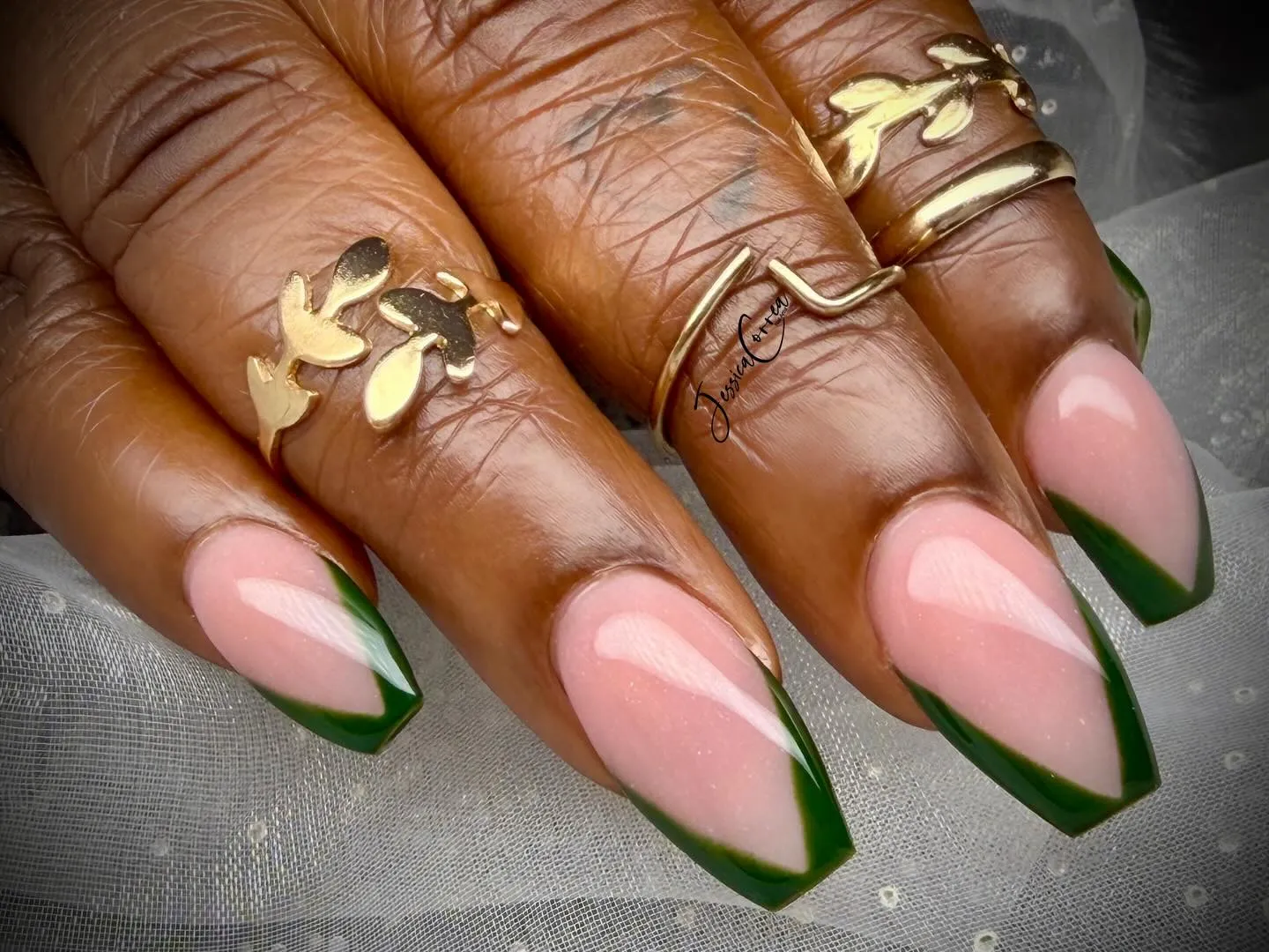 Green Outline French Coffin Nails