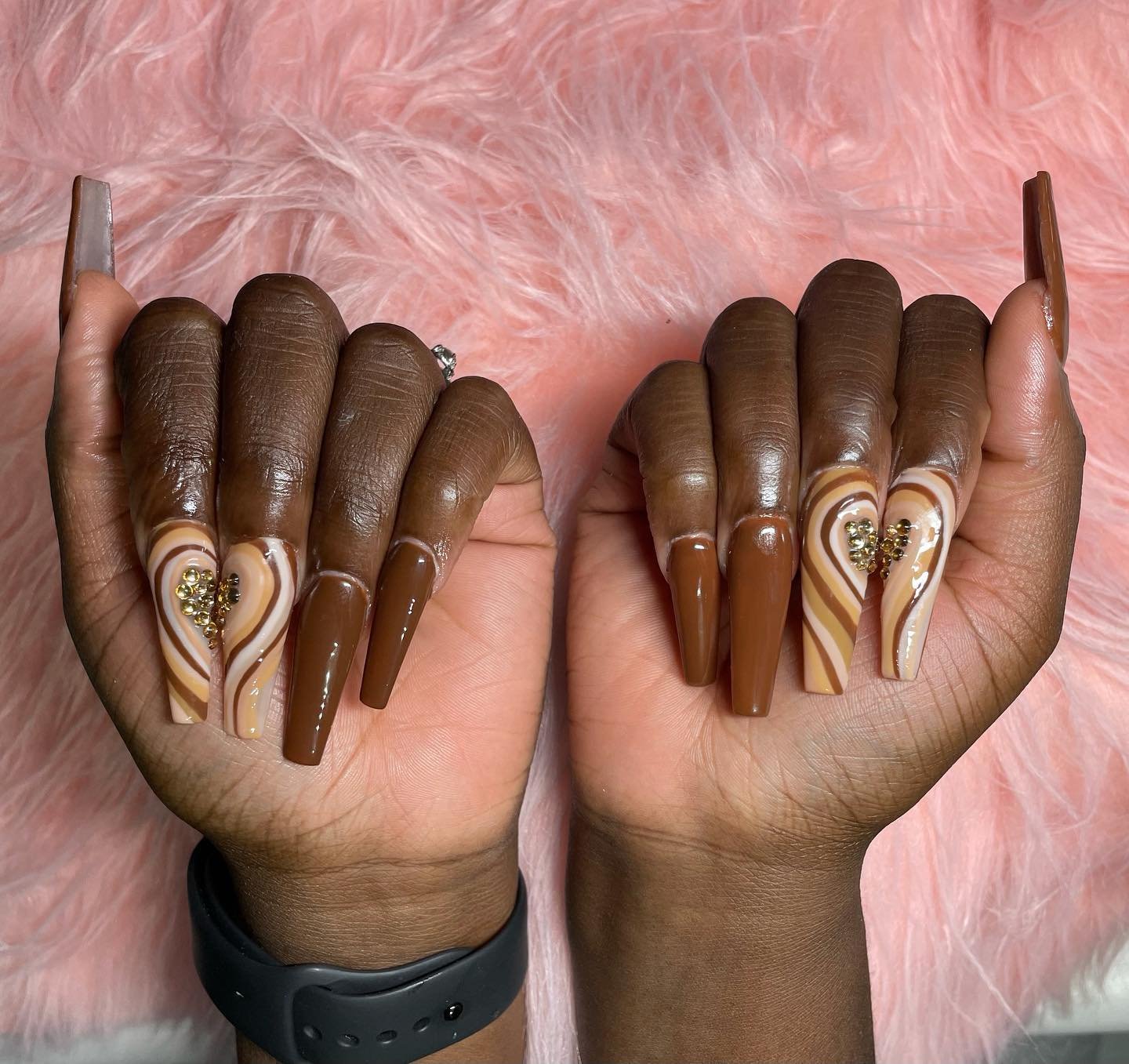 Brown Heart Coffin Nails