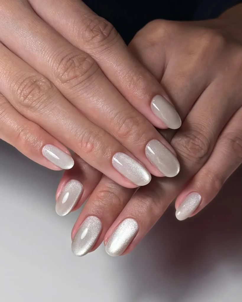 pearlescent silver sheen almond nails