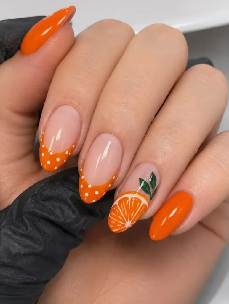 hand-painted orange slice fruit art on almond nails with polka-dot French tips